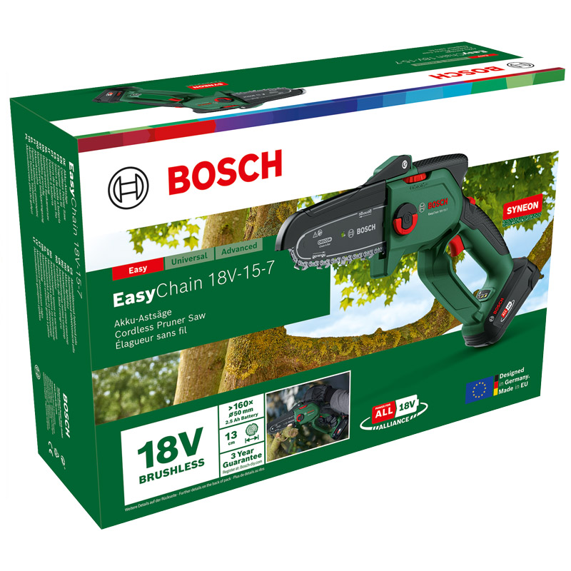 Fierastrau pentru crengi BOSCH EasyChain 18V-15-7 cu acumulatori 18V 2.5Ah, sina 15 cm, 1.1 mm