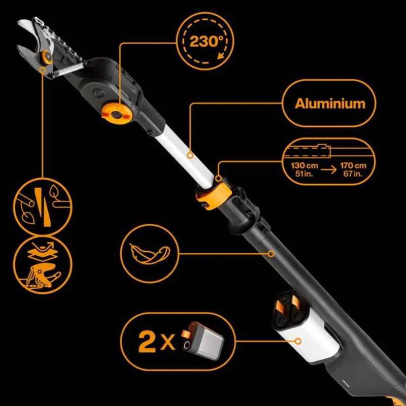 Foarfeca telescopica pentru taiat ramuri/crengi cu acumulator Fiskars eTREE PRUNER, 2x 12V 4.0 Ah Li-ion, capacitate de taiere 32 mm, 250 - 400 cm, SOLO