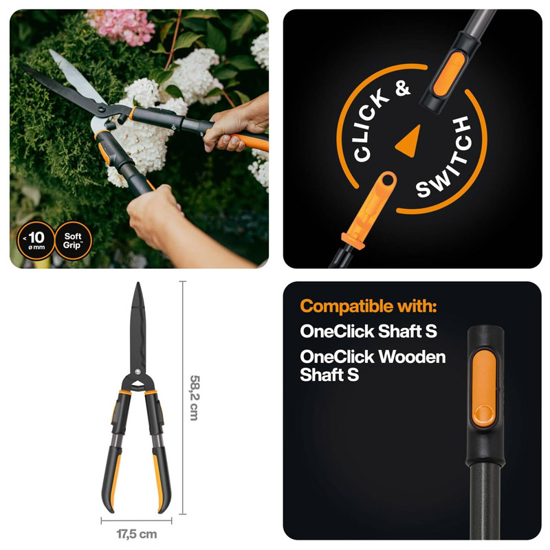 Foarfeca pentru gard viu Fiskars OneClick, fara coada, 21.5 cm