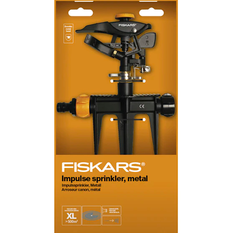 Aspersor pulsator metalic, cu impact si spin metalic, capacitate de irigare de peste 500 mp, Fiskars