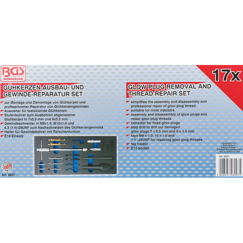 Organizator pentru carucior BGS, set demontare si reparatie filete bujii incandescente, 9 piese, 1/3 sertar 