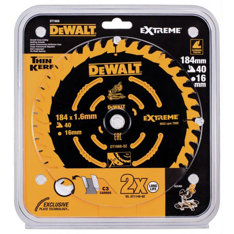 Disc circular DeWalt Extreme DT1668-QZ, 184x16x1.6 mm, 40 dinti