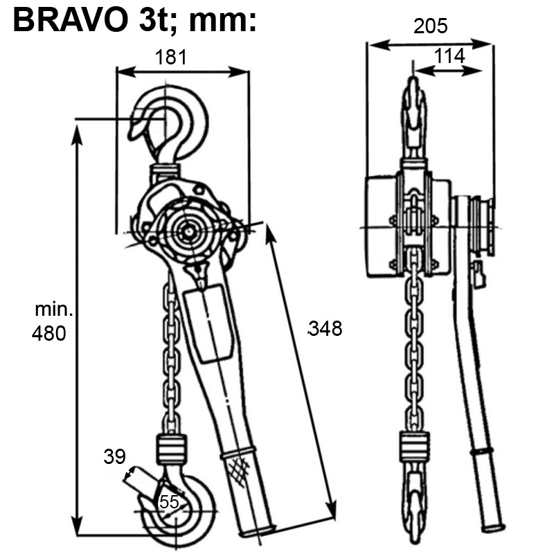 Palan cu lant si levier profesional Tractel BRAVO 3t, 6 m