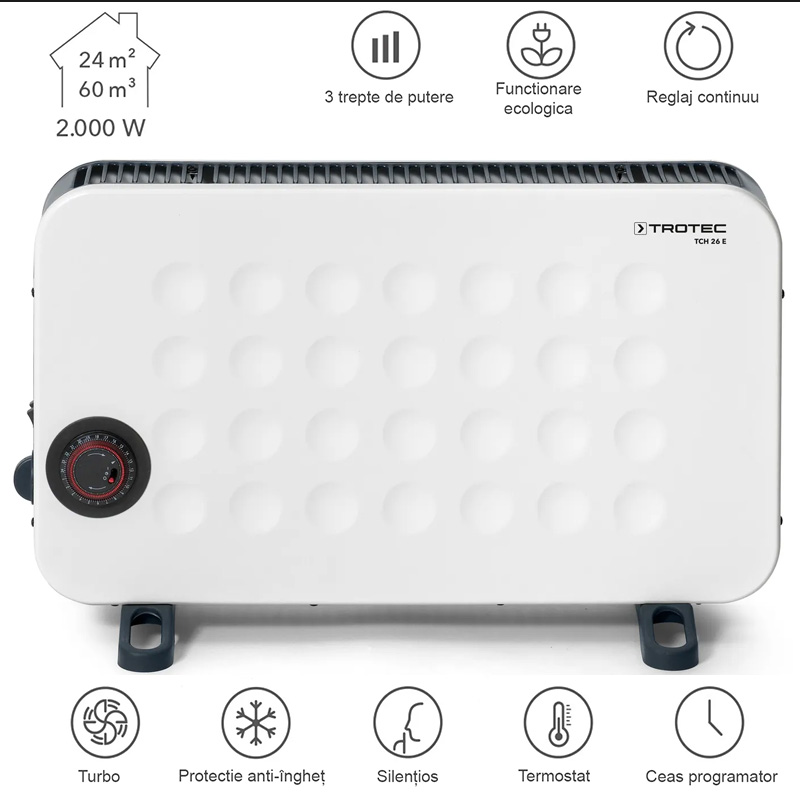 Convector electric TROTEC TCH 26E DESIGN - 2000W, termostat, programator 24h