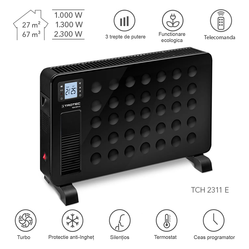 Convector electric TROTEC TCH 2311E Design - 2300W, negru, cu telecomanda
