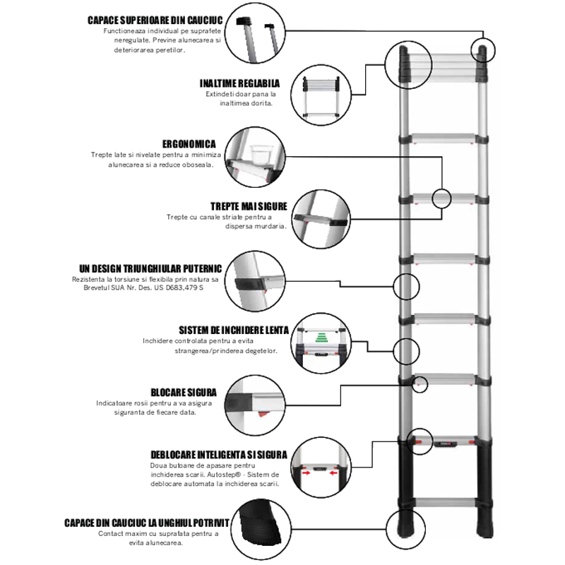 Scara telescopica, Telesteps, lungime extinsa 4.1m, 13 trepte 80mm, cu stabilizatoare, tip Prime-Line 4.1S