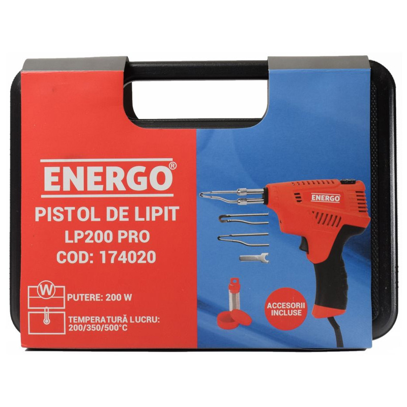 Pistol de lipit 200 W Energo LP200 PRO, cu termostat reglabil 200/350/500 °C, accesorii si valiza
