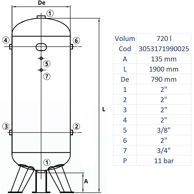 Rezervor de aer 720 l, vertical, 11bar, zincat, Made in Italy