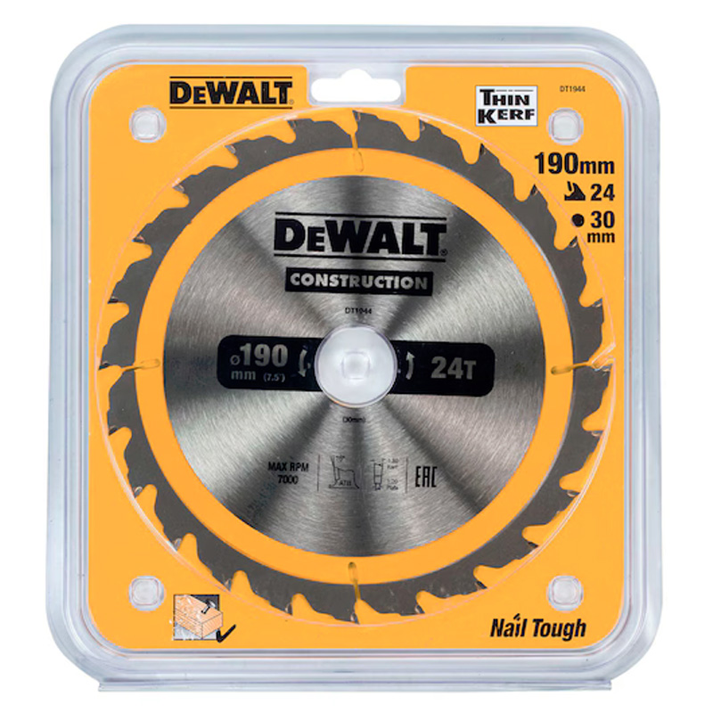 Disc (panza) Dewalt Construction pentru fierastrau circular, 190x30x1.8 mm, 24 dinti (taiere fina), pentru lemn, tip DT1944-QZ