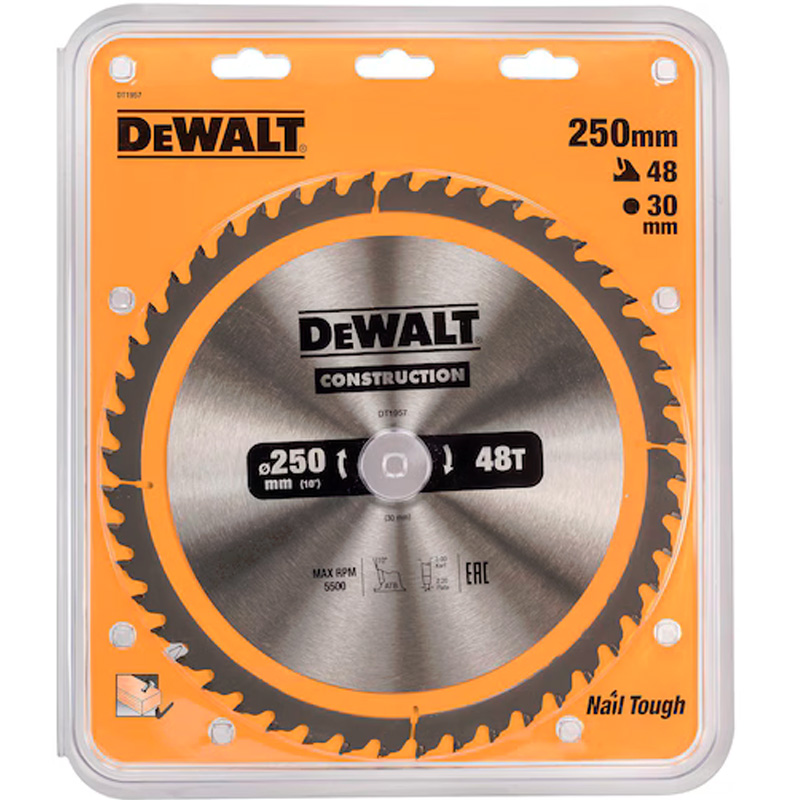 Disc (panza) Dewalt Construction pentru fierastrau circular, 250x30x3.0 mm, 48 dinti (taiere fina), pentru lemn, tip DT1957-QZ
