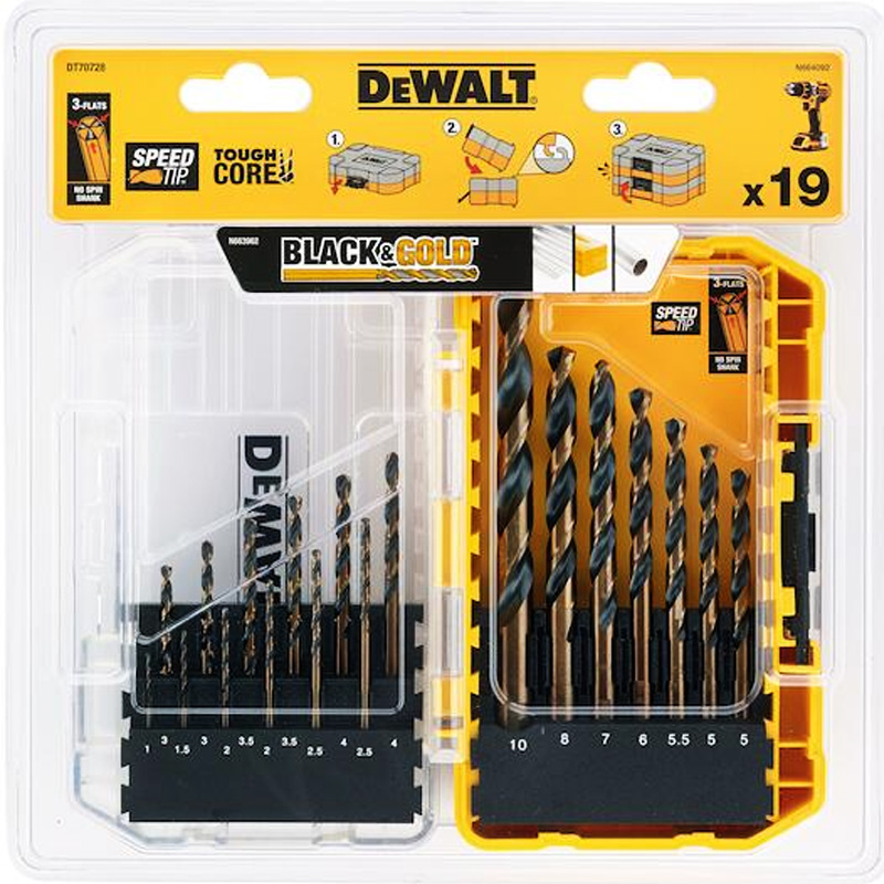 Set 19 burghie DeWalt Black&Gold HSS-G tip DT70728-QZ, pentru metal, in caseta de plastic, Ø 1-10 mm