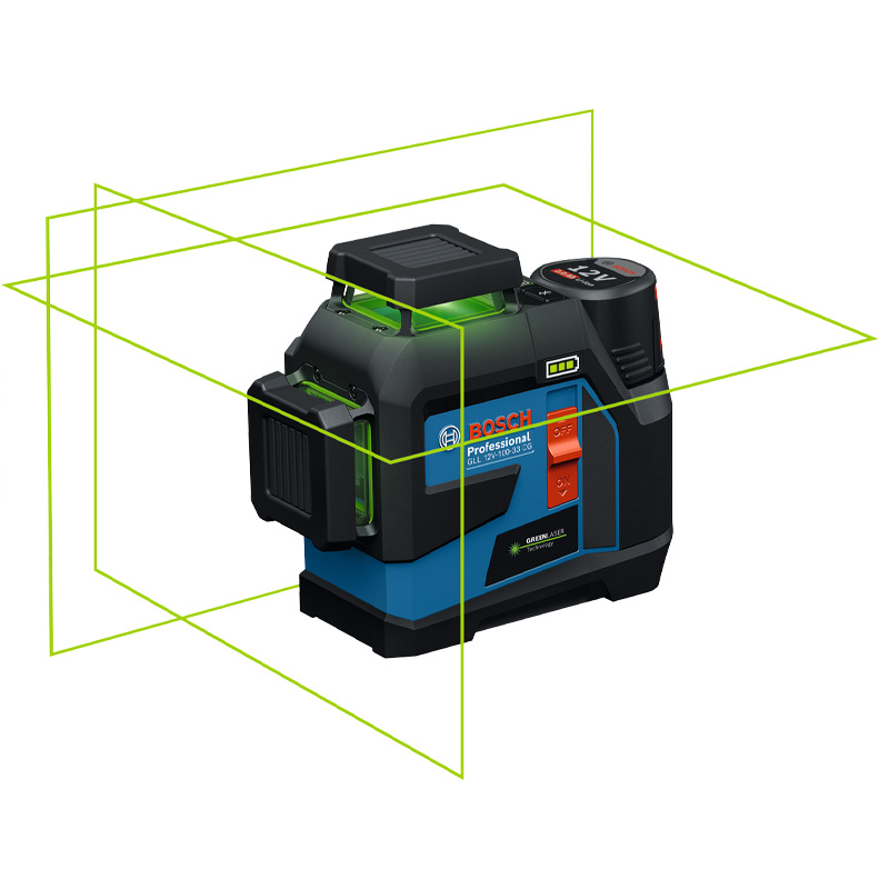Nivela laser cu linii Bosch, tip GLL 12V-100-33 CG, cu suport LB 10 Professional, acumulator 12V Li-Ion 2Ah, incarcator si L-BOXX