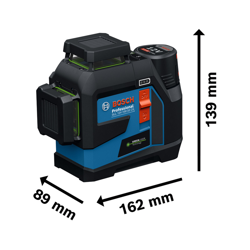 Nivela laser cu linii Bosch, tip GLL 12V-100-33 CG, cu suport LB 10 Professional, acumulator 12V Li-Ion 2Ah, incarcator si L-BOXX