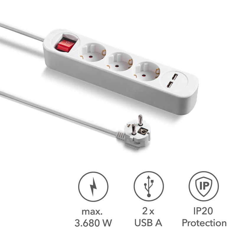 Prelungitor cu comutator, 3 prize + 2 USB, 3x1.5mm / 1.5m, 230V, Trotec, tip PVH3