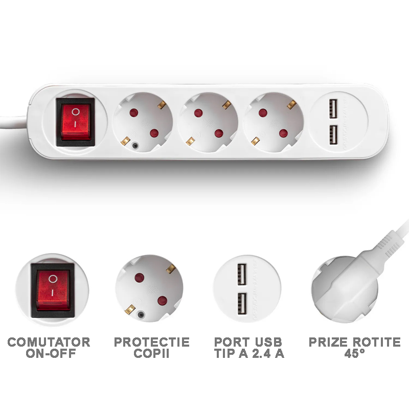 Prelungitor cu comutator, 3 prize + 2 USB, 3x1.5mm / 1.5m, 230V, Trotec, tip PVH3