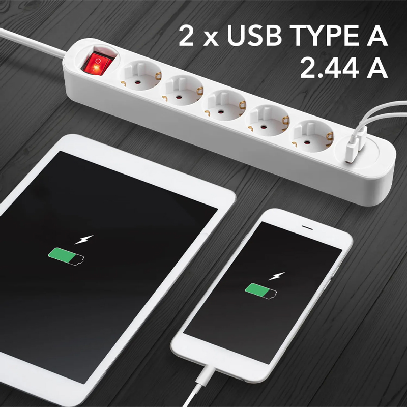 Prelungitor cu comutator, 3 prize + 2 USB, 3x1.5mm / 1.5m, 230V, Trotec, tip PVH3