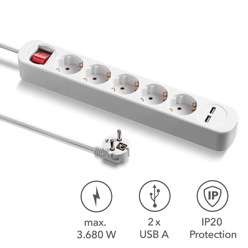 Prelungitor cu comutator, 5 prize + 2 USB, 3x1.5mm / 1.5m, 230V, Trotec, tip PVH5