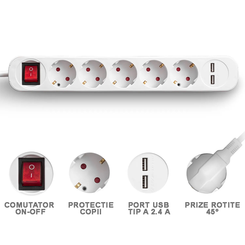Prelungitor cu comutator, 5 prize + 2 USB, 3x1.5mm / 1.5m, 230V, Trotec, tip PVH5