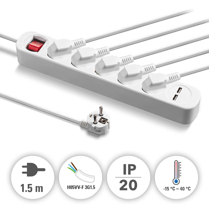 Prelungitor cu comutator, 5 prize + 2 USB, 3x1.5mm / 1.5m, 230V, Trotec, tip PVH5