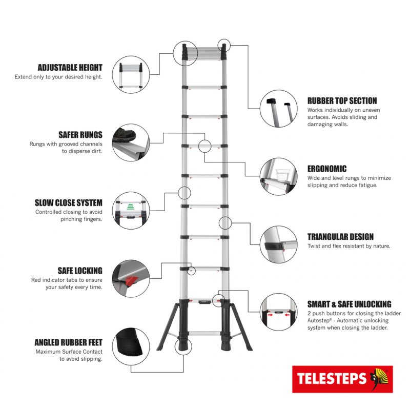 Scara telescopica, Telesteps, lungime extinsa 4.1m, 13 trepte 80mm, cu stabilizatoare, tip Prime-Line 4.1S