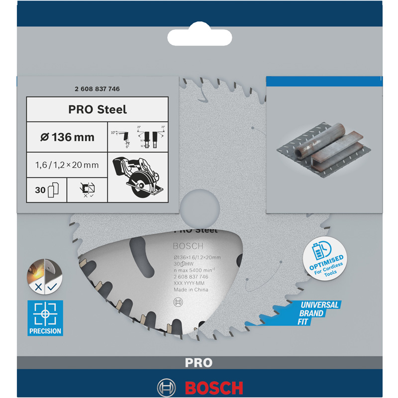 Disc placat pentru circular, 136 x 20 mm, 30 dinti, otel, Bosch PRO Steel cordless