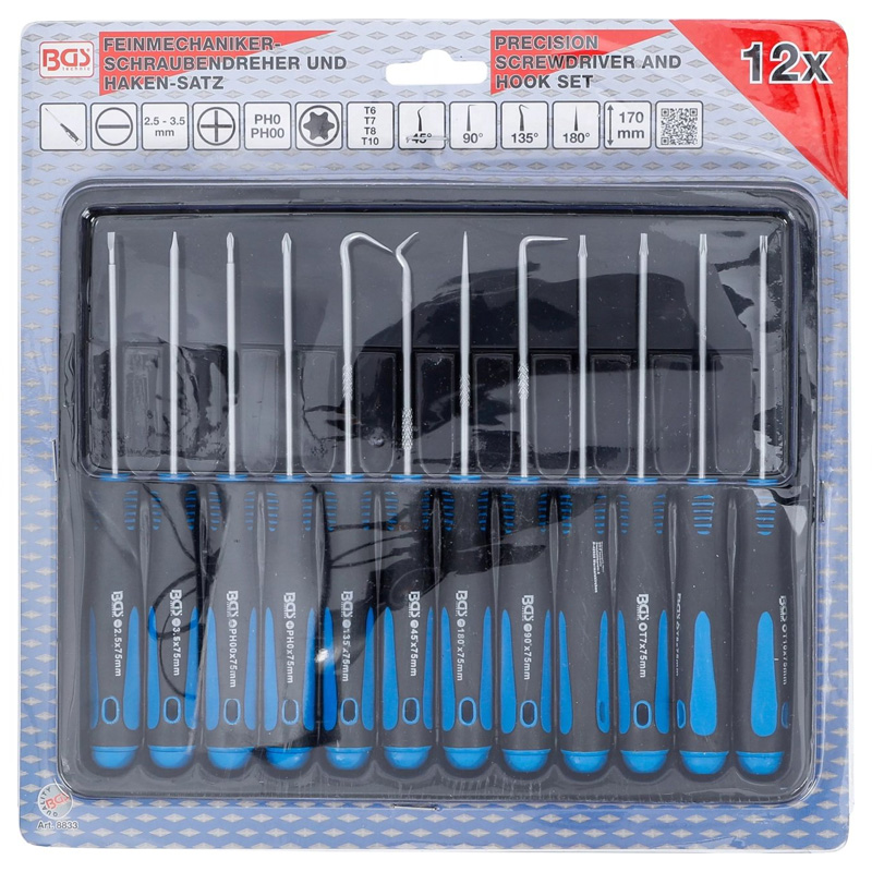 Set 12 piese, 8 surubelnite de precizie si 4 minicarlige cu forme diferite, tip BG-8833