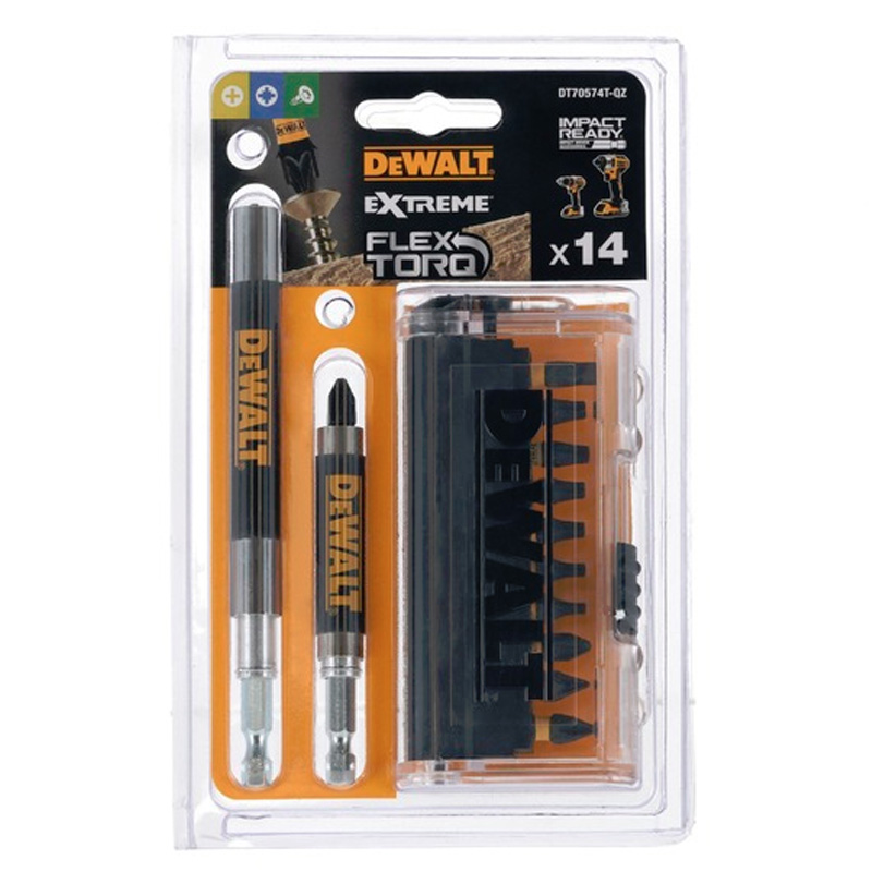 Set 14 accesorii pentru insurubare, 12 biti de impact FLEXTORQ Extreme Impact Torsion, 25 mm, 2 prelungitoare biti, tip DT70574T-QZ
