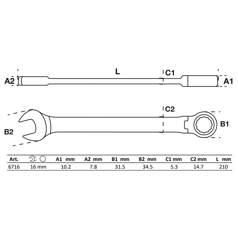 Cheie combinata cu clichet si cap pivotant/articulata, 16 mm