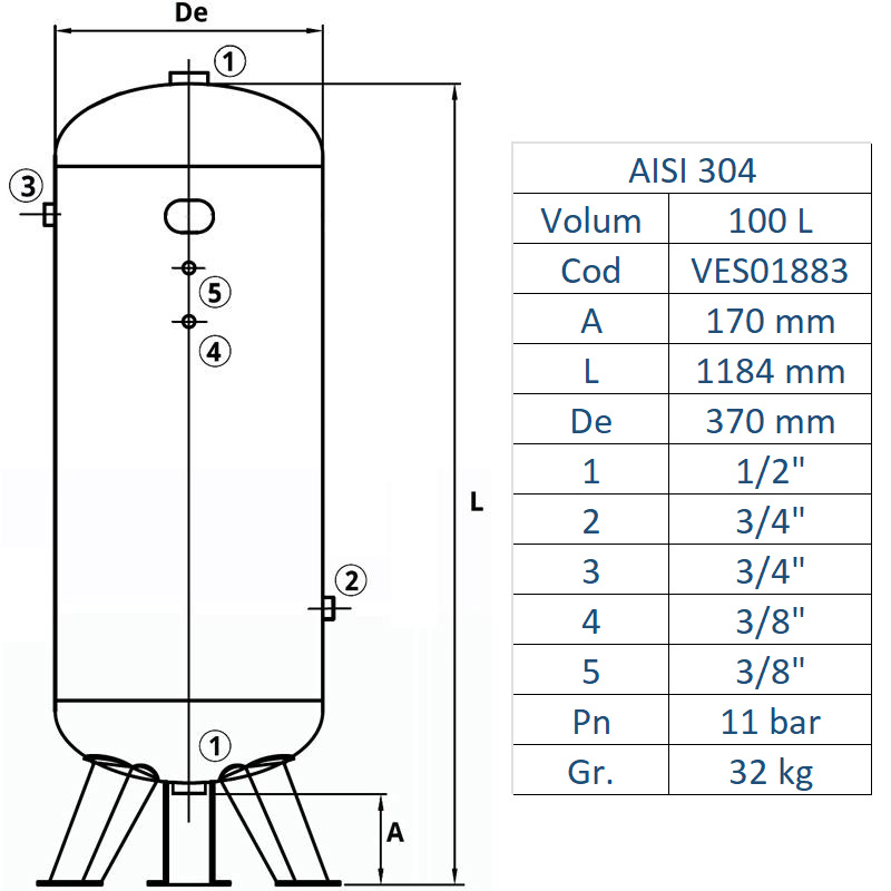 Rezervor de aer 100 l, vertical, 11bar, INOX AISI304, Made in Italy