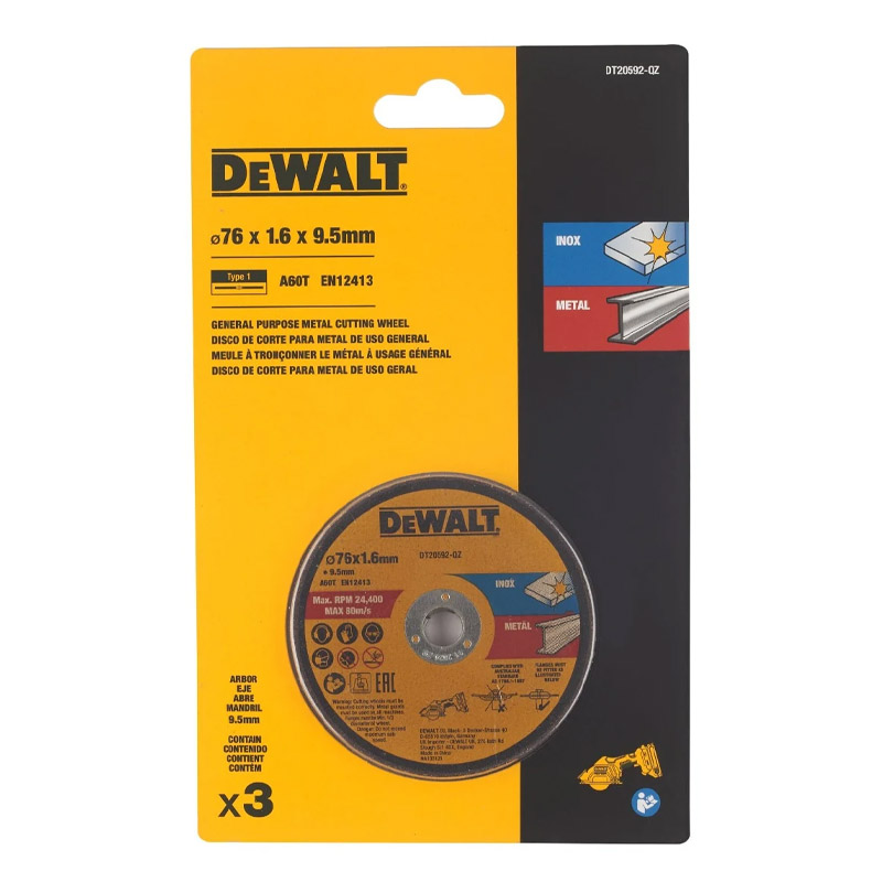 Disc diamantat DeWalt DT20592-QZ - 76x10x1.6 mm, pentru inox / metale feroase si neferoase, set 3 bucati 