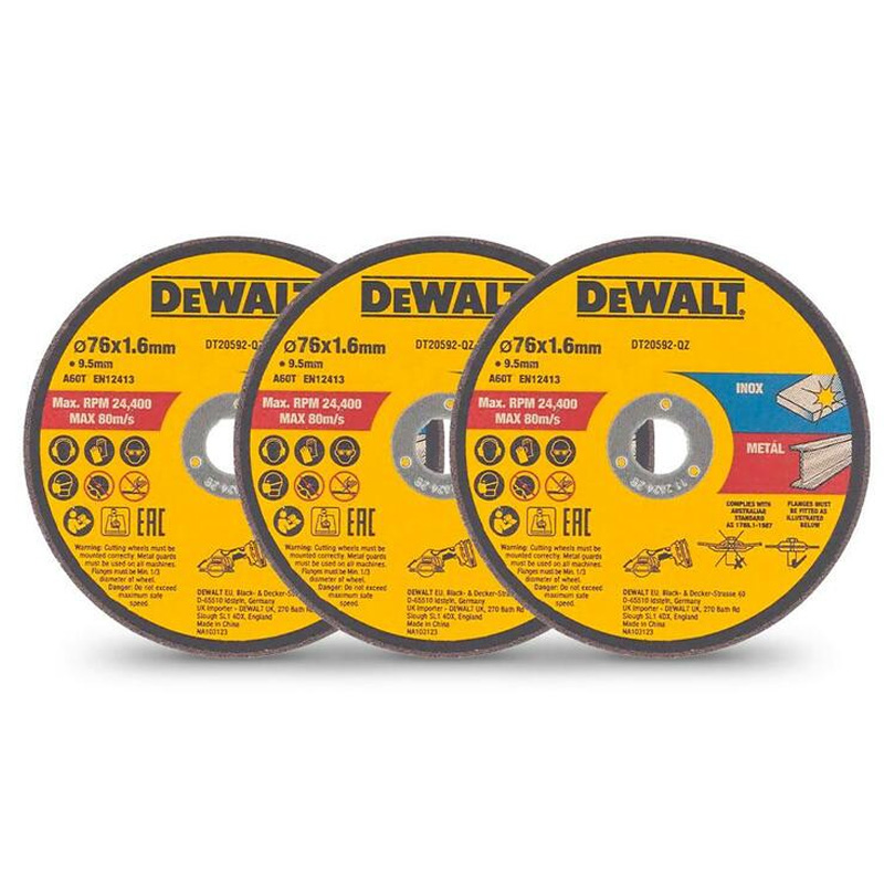 Disc diamantat DeWalt DT20592-QZ - 76x10x1.6 mm, pentru inox / metale feroase si neferoase, set 3 bucati 