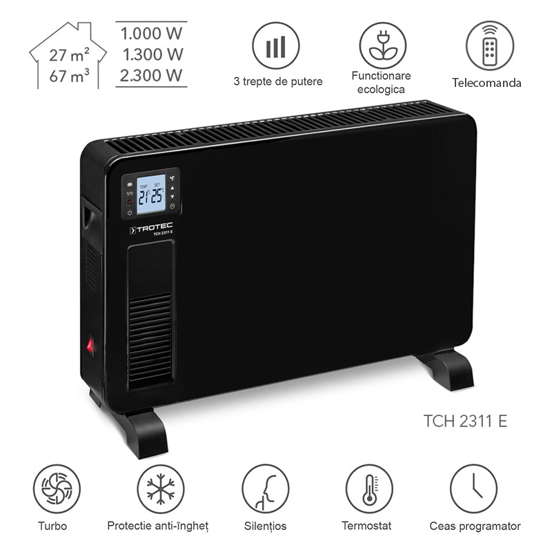 Convector electric TROTEC TCH 2312E Design Drept - 2300W, negru, cu telecomanda
