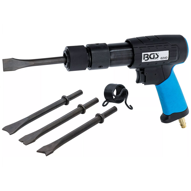 Set ciocan cu impact pneumatic profesional BGS pentru daltuire, cu mandrina rapida cu adaptor si 4 dalti, 10 mm, 
