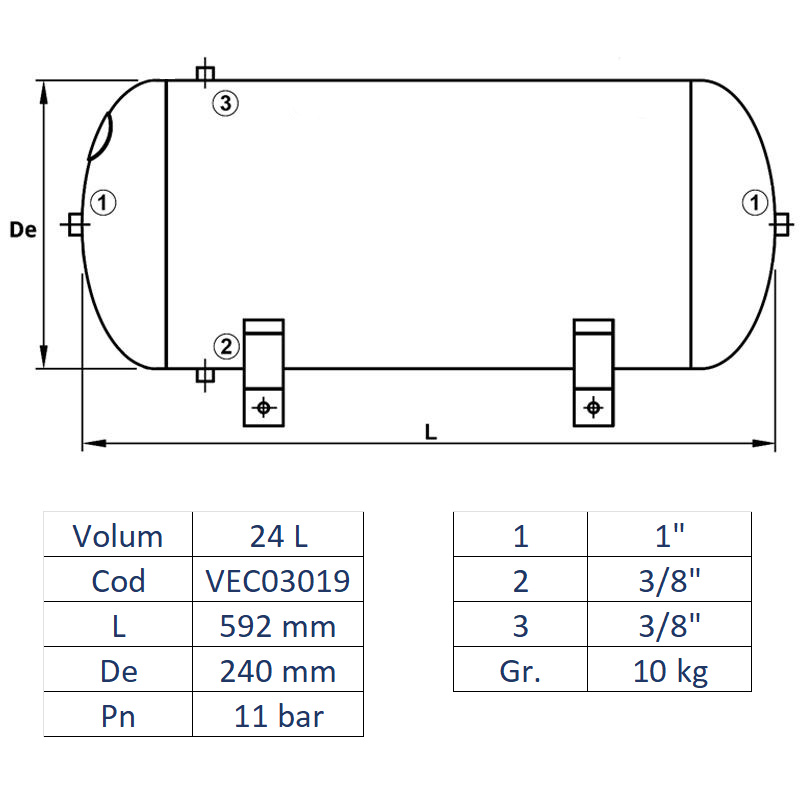 Rezervor de aer 24 l, orizontal, 11bar, zincat, Made in Italy