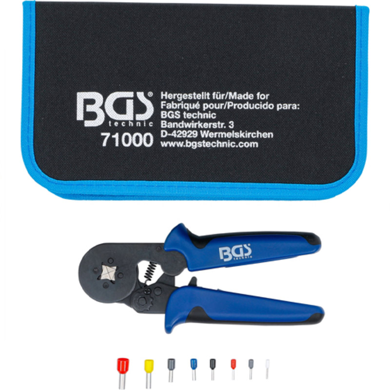 Clește de sertizat ferule BGS 71000, pentru papuci tubulari 0.25 - 10 mm², cu set 1200 ferule 0.5 - 10 mm²