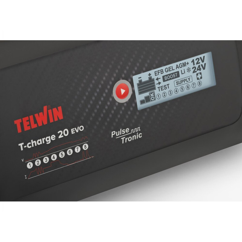 Redresor auto 12-24V Telwin cu functie de mentinere tip T-CHARGE 20 EVO si ecran LCD, pentru baterii WET, GEL, AGM, MF, PbCa, EFB