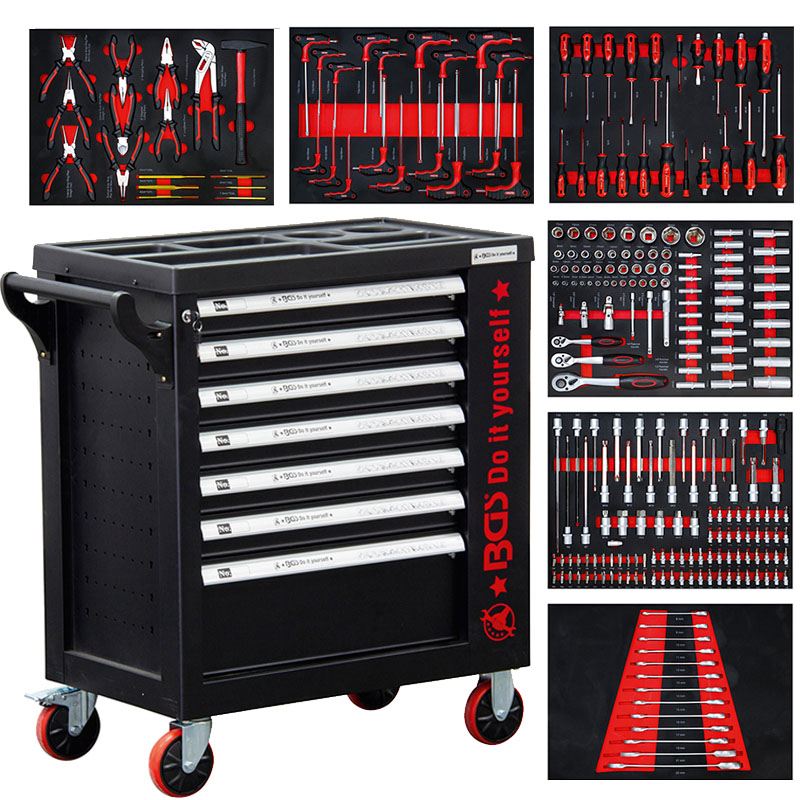 Carucior pentru scule BGS 7 sertare + usa laterala, cu 250 scule