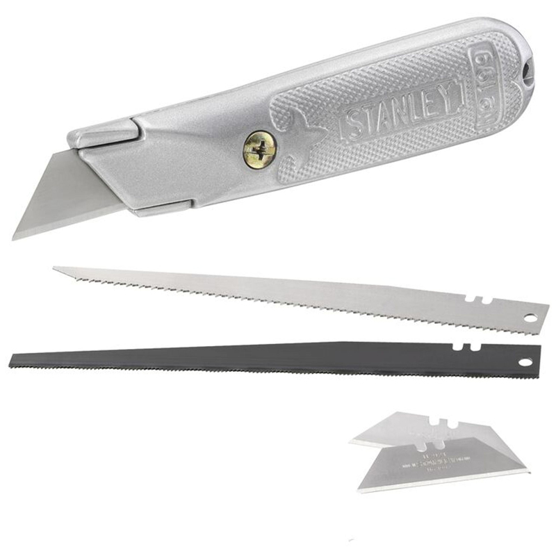 Cutter cu lame trapezoidale + 2 lame fierastrau (lemn + metal), STANLEY