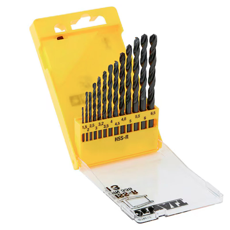 Set 13 burghie DeWalt HSS-R DIN 338 DT5912-QZ, pentru metal, in carcasa de plastic, Ø 1.5-6.5 mm