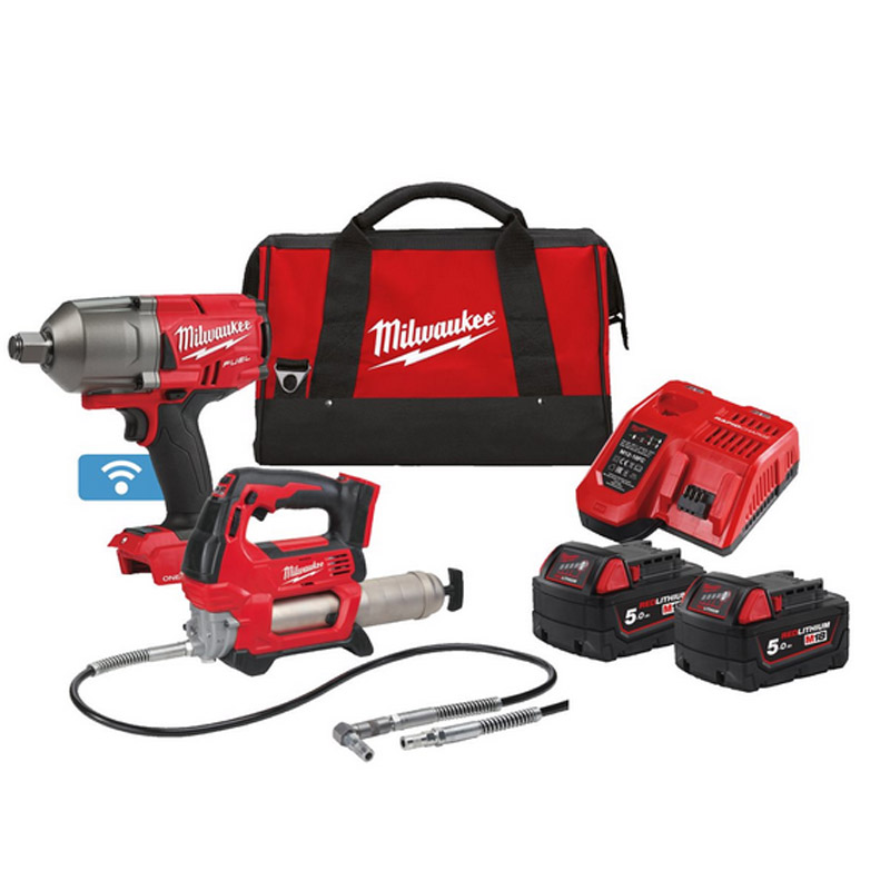 Set 2 scule 18V, M18ONEPP2Q-502X: M18 ONEFHIWF34-0X, M18 GG-0, 2 x M18B5™ 5.0 Ah, incarcator M12-18FC, in geanta de scule