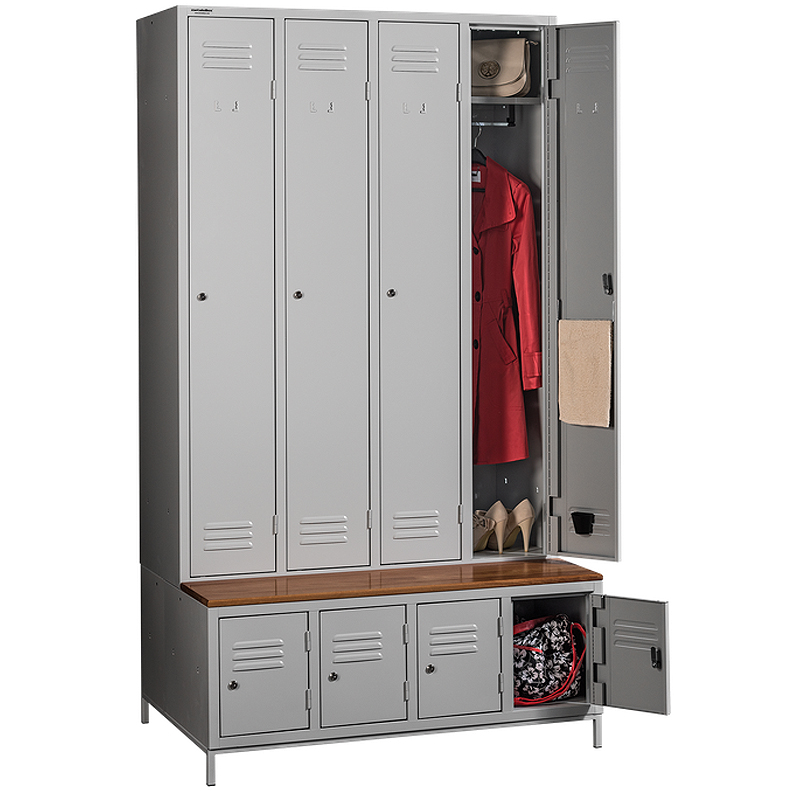 Dulap pentru vestiar PLUS 4 (cu banca + compartiment pantofi)