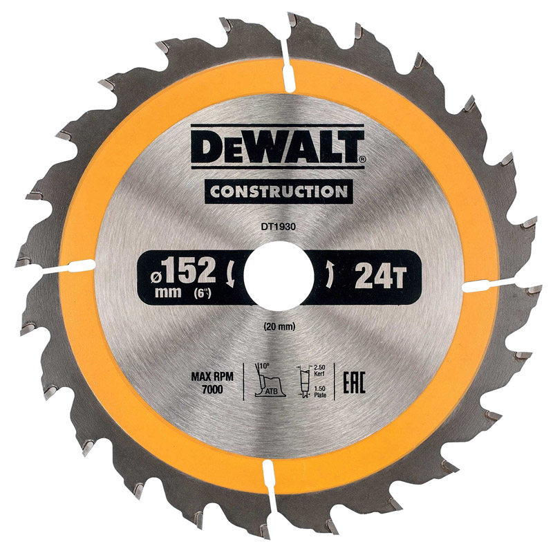 Disc (panza) pentru fierastrau circular, 152x20x2.4 mm, 24 dinti (taiere fina), pentru lemn, tip Dewalt Construction