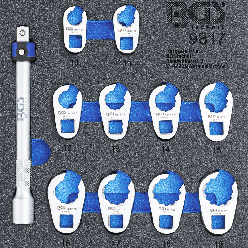 Organizator pentru carucior BGS, 10 chei inelare deschise si prelungitor, 1/6 sertar