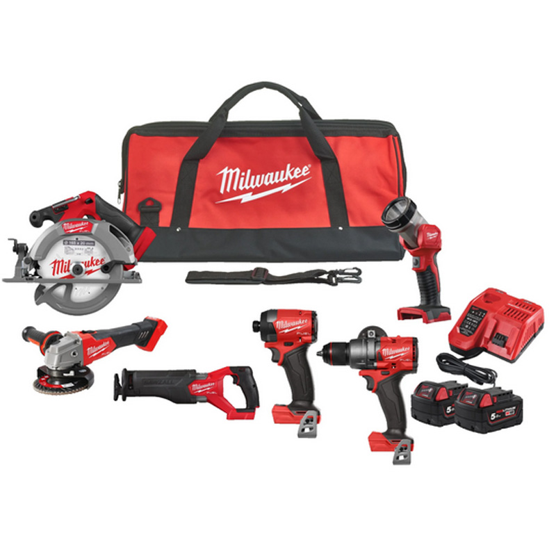 Set 6 scule Milwaukee M18FPP6G3-502B: M18 FPD3-0, M18 FID3-0, M18 FCS552-0, M18 FSZ-0, M18 FSAG125X-0, M18 TLED-0, 2 x acumulatori 5 Ah, incarcator