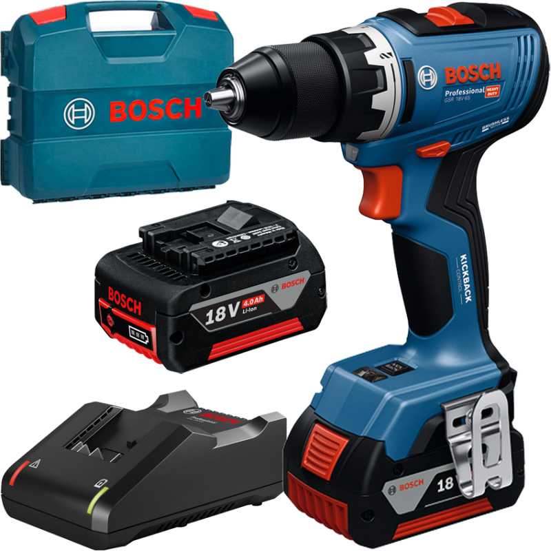 Masina de gaurit/insurubat Bosch, cu acumulatori Li-Ion 18V 2x 4.0Ah, 63Nm, tip GSR 18V-65