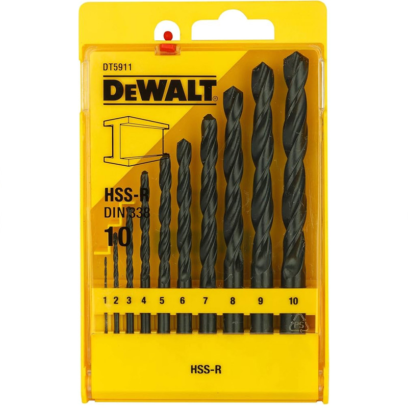 Set 10 burghie DeWalt HSS-R DIN 338 DT5911-QZ, pentru metal, in carcasa de plastic, Ø 1-10 mm