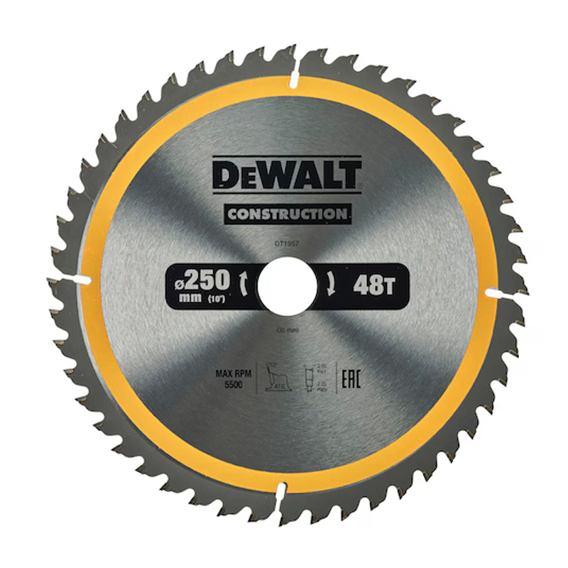 Disc (panza) Dewalt Construction pentru fierastrau circular, 250x30x3.0 mm, 48 dinti (taiere fina), pentru lemn, tip DT1957-QZ