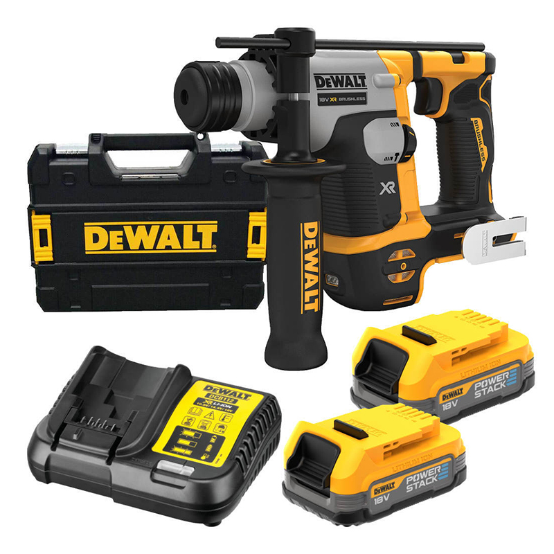 Ciocan rotopercutor ultra-compact, cu motor fără perii SDS-Plus, cu acumulatori 18V Li-Ion POWERSTACK, 2x1.7Ah, DeWALT tip DCH172E2T-QW
