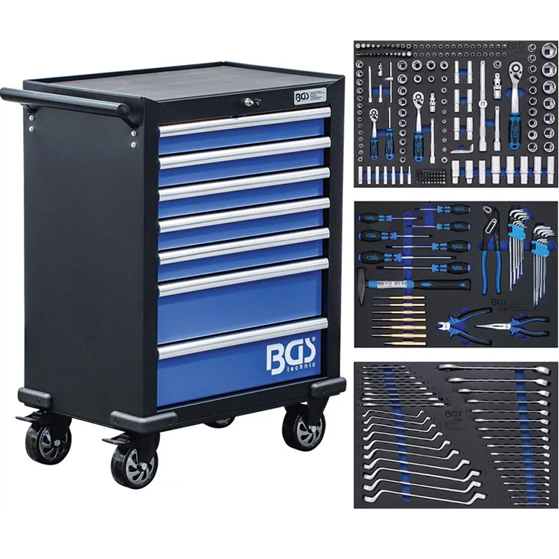 Carucior pentru scule, 7 sertare, 263 scule, BGS