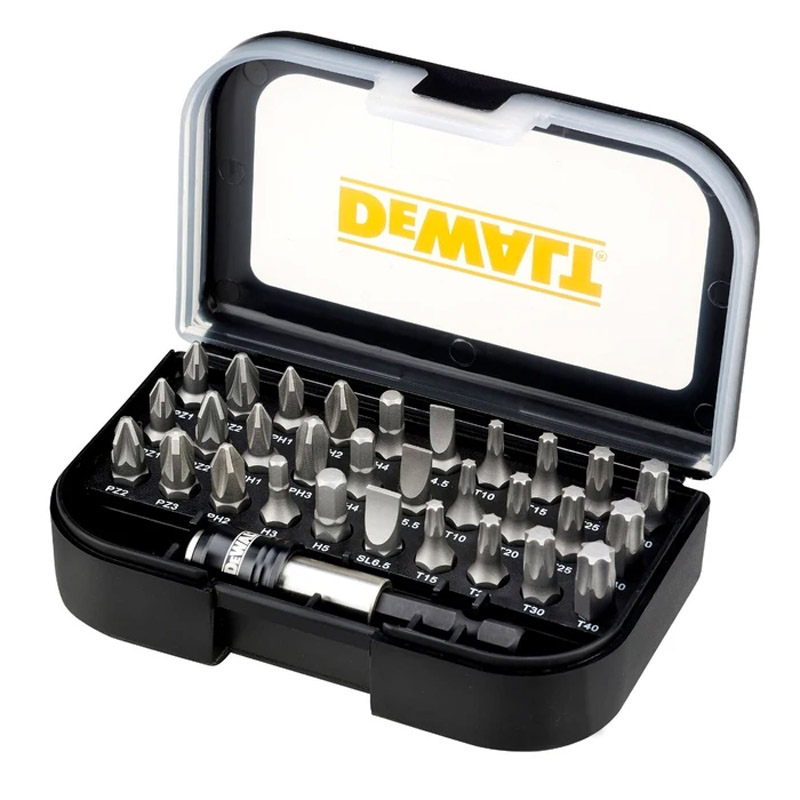 Set 31 accesorii pentru insurubare, 30 biti Torx/PH/PZ/Drept si Hex, prelungitor si adaptor, DeWalt XSTC tip DT7944S-QZ